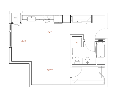A floor plan of a small apartment with a living room, kitchen, and bedroom.